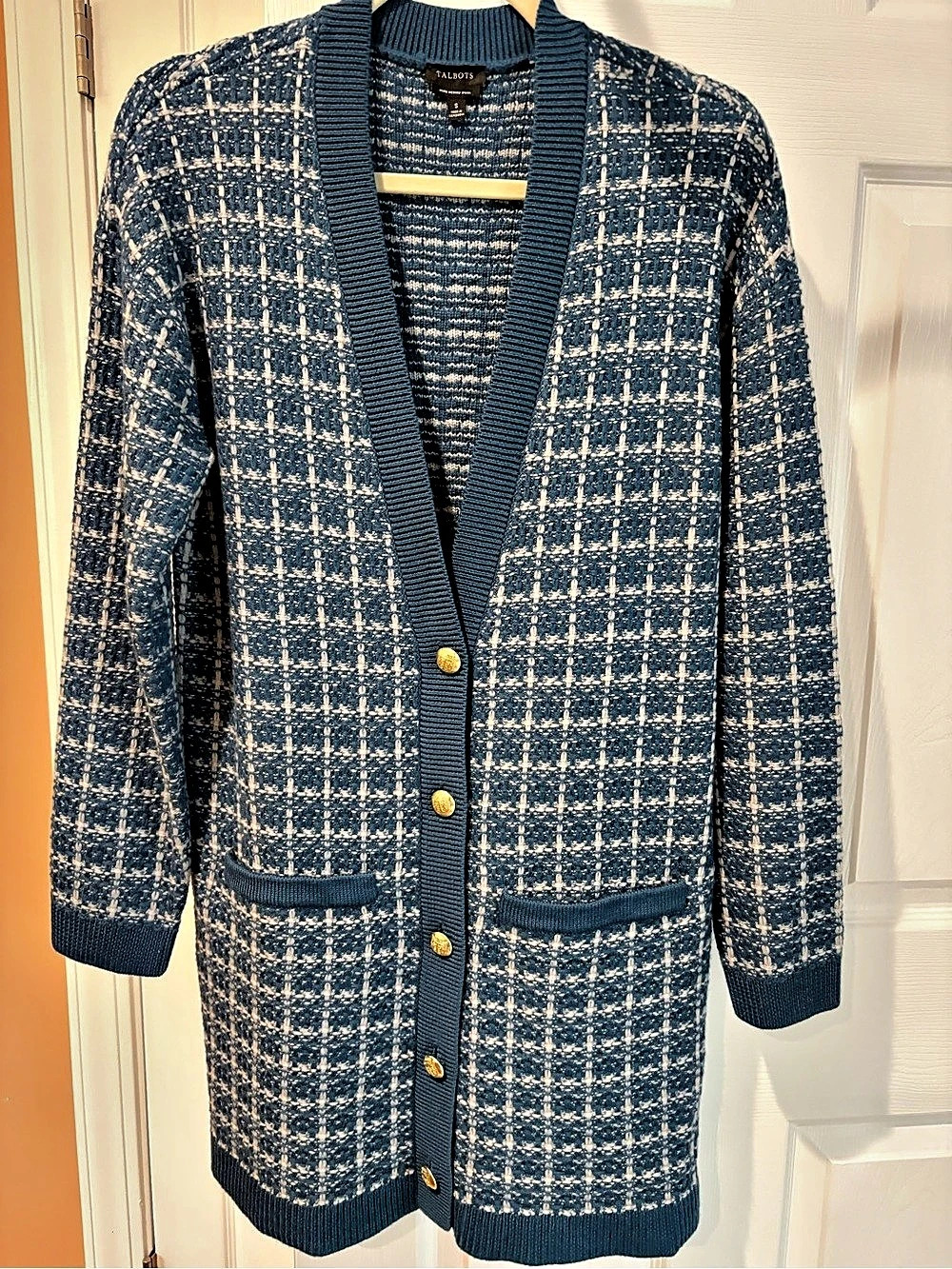 Talbots Pure Merino Wool Tweed Button Front Cardigan Blue & Cream Small